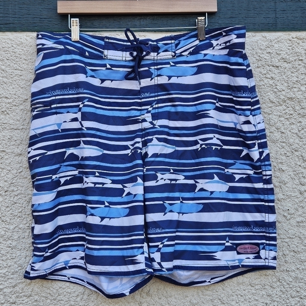 Vineyard Vines blue and white striped board shorts with fish sharks size 38